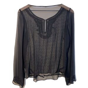 Sheer Black Blouse Top Embroidery Beaded Women’s S.
